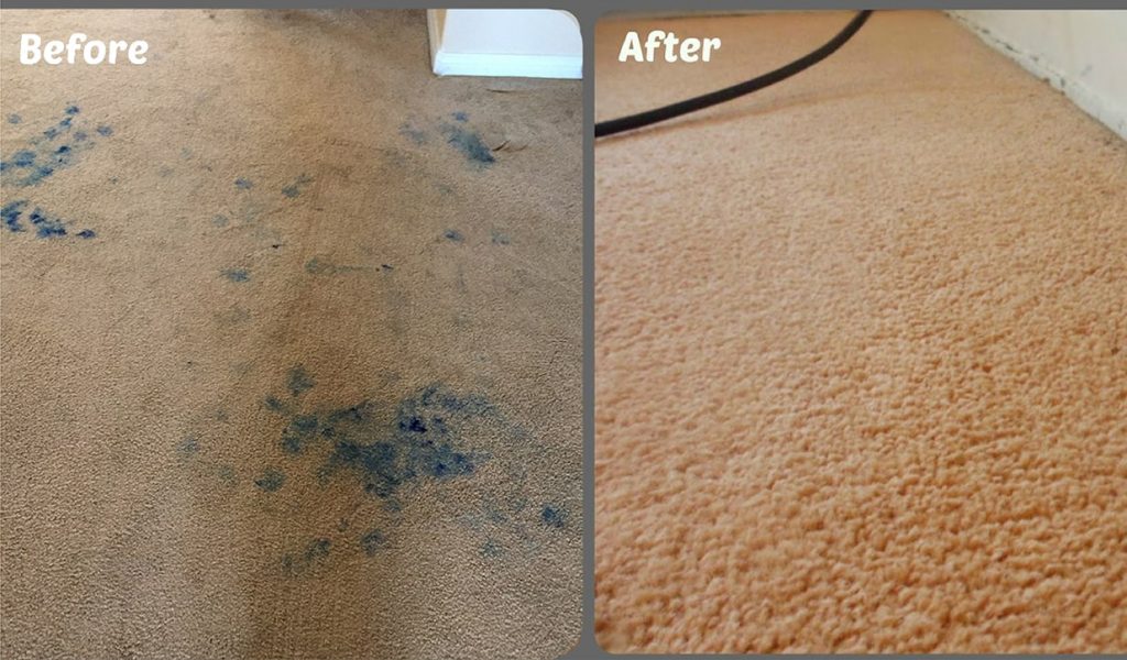 Before and after images of ink stain removal shows perfect carpet cleaning
